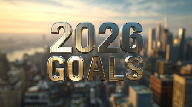 2026 goals text in bold metallic typography with cityscape background inspiring future success and ambition