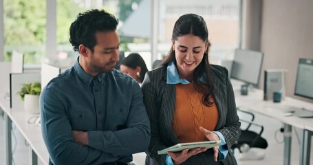 Business people, research and tablet in meeting with online report, plan and team for email marketing. Brand discussion, colleagues with social media and point at digital info for creative project - Powered by Adobe