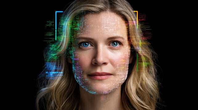 Female face recognition technology with digital interface and blue eyes, futuristic biometric identification concept - Powered by Adobe