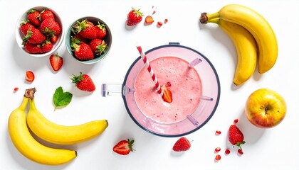 A pink fruit smoothie in a blender surrounded by bananas, strawberries, an apple, and pomegranate seeds.