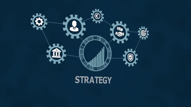 Corporate business strategy execution and future planning structure with interconnected gears and icon analytics for long-term competitive advantage.