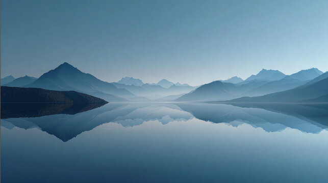 A tranquil lake reflecting the majestic mountain range under a serene blue sky