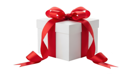 White gift box with elegant red ribbon bow, perfect for celebrations.