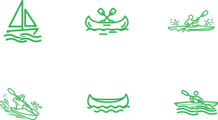Green Line Art Icon Set Depicting Water Sports and Recreational Activities on Water Surfaces with Sailboat Canoes and Kayaks for Design Elements and Vector Graphics