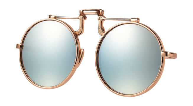 Round clip-on sunglasses featuring mirrored lenses and rose gold accents.