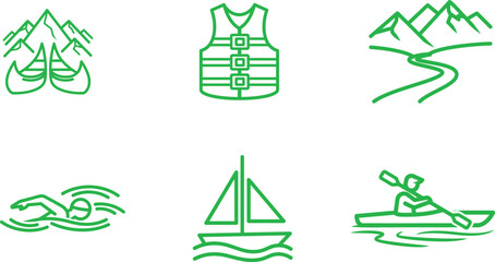 Line Art Icons Representing Water Activities and Outdoor Adventures Including Kayaking Swimming Sailing Boating and Safety Gear with Mountains and Rivers in Green