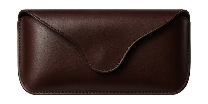 Magnetic closure leather eyewear case with stitched edges.