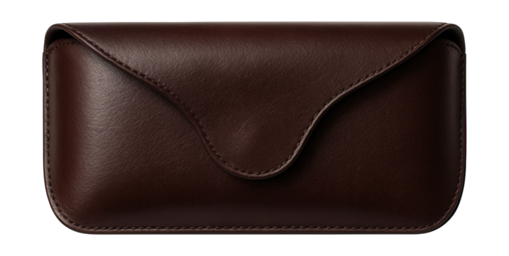 Magnetic closure leather eyewear case with stitched edges.