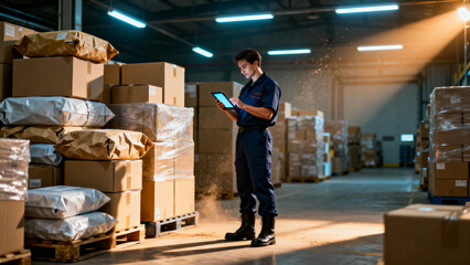 Warehouse Worker Managing Inventory with Tablet