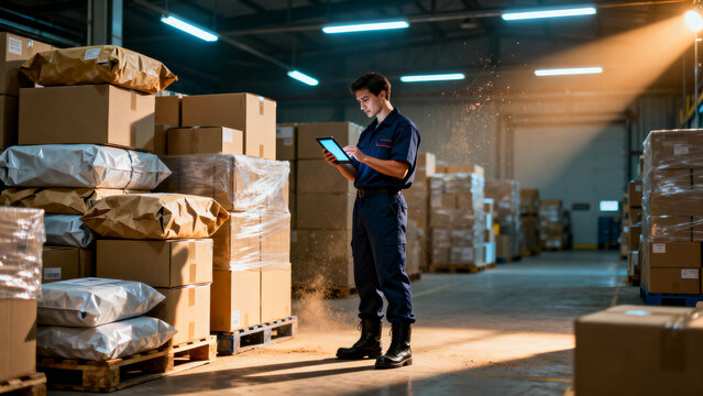 Warehouse Worker Managing Inventory with Tablet - Powered by Adobe