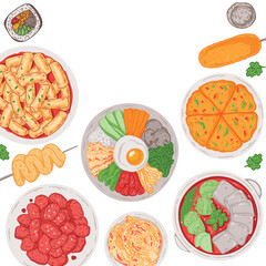 Korean food vector drawing. Top view Korean food dishes vector illustration. Flat style. Tteokbokki, bulgogi, bibimbap, pajeon, jjigae, kimchi, corn dog, odeng, kimbap.