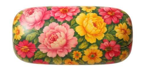 Floral-printed hard-shell glasses case with snap closure.