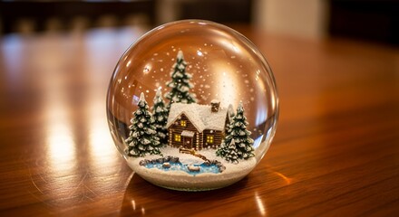 Close up of a snow globe on a wooden table featuring a cabin and pine trees. Concept for holiday decoration, Christmas gift and winter collection