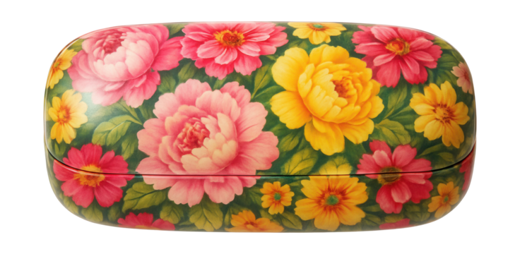 Floral-printed hard-shell glasses case with snap closure.