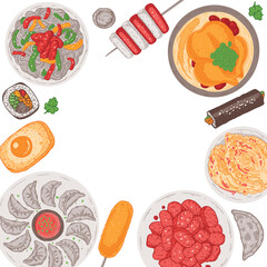 Korean food vector drawing. Top view Korean food dishes vector illustration. Flat style. Mandu, corn dog,samgyetang, japchae, bulgogi, kimbap, tteokbokki