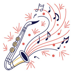 A dynamic doodle artwork where musical notes burst from a flowing staff with sparkles around.