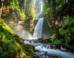Obraz premium Majestic Waterfall Cascading Through Lush Forest.