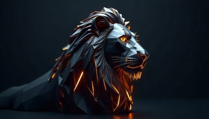Side profile close-up of a futuristic black low poly lion head with glowing orange light lines against a dark background
