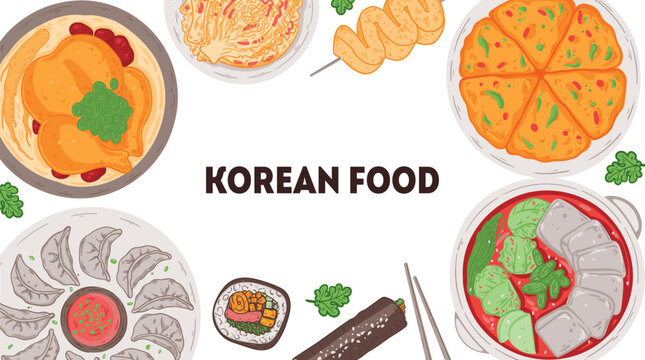 Korean food vector drawing. Top view Korean food dishes vector illustration. Flat style. Samgyetang, mandu, kimbap, jjigae, pajeon, kimchi, odeng