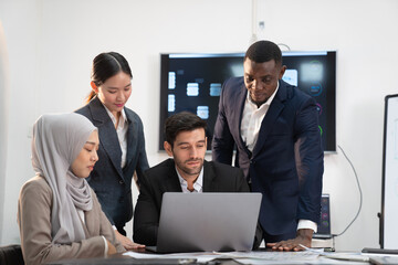 team of multiethnic colleague discuss budget performance planning, sharing idea for cost reduction, business people man woman diverse employee coworker in formal suit meeting in finance office