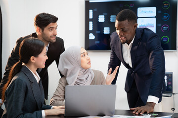 team of multiethnic colleague discuss budget performance planning, sharing idea for cost reduction, business people man woman diverse employee coworker in formal suit meeting in finance office
