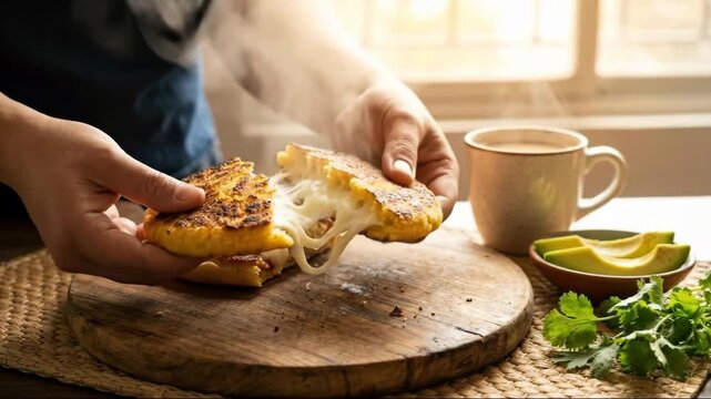 Delicious cheesy arepa breaks open revealing melted cheese.
