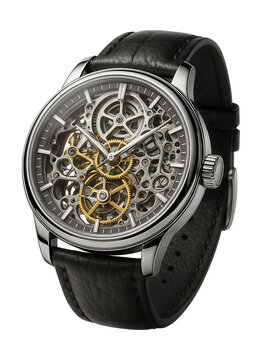 Skeleton timepiece with visible gears and a sleek black leather strap.