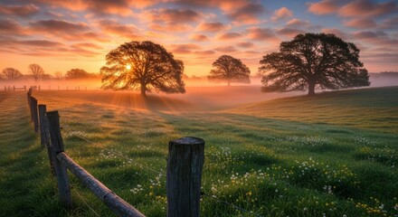 Serene countryside at sunrise. Lush green meadow with wildflowers, silhouetted oak trees, and warm sunlight beams through the branches, creating a magical glow. Tranquil rural setting.