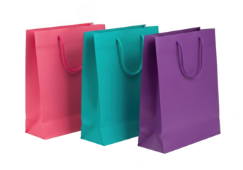 Three colorful shopping bags close up isolated on transparent background