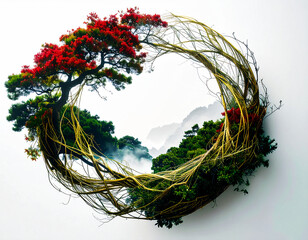 黄金の蔓で編まれた生命の輪。その中に幽玄な松の緑と赤い木が宿る、和の精神を込めた、静寂な輪廻の象徴