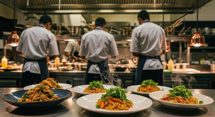 Three chefs prepare and plate various Asian dishes, including noodles and stir-fried vegetables, in a busy, industrial-style professional kitchen.