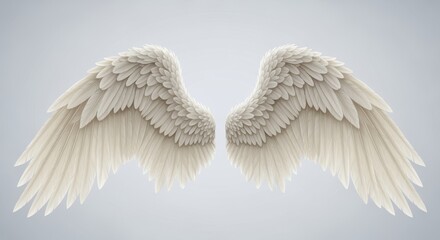 Majestic white wings spread against a light background, symbolizing freedom, spirituality, and the divine. Composed of numerous detailed feathers, the wings create an angelic and ethereal appearance.