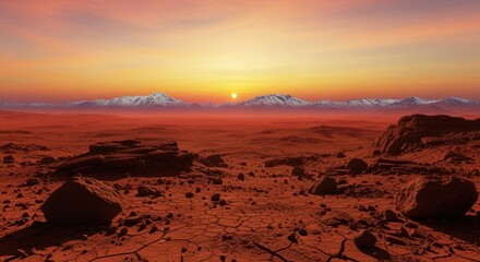 Breathtaking desert landscape at sunset, snow-capped mountains against vibrant sky. Dramatic rocky terrain and cracked earth create an awe-inspiring scene.