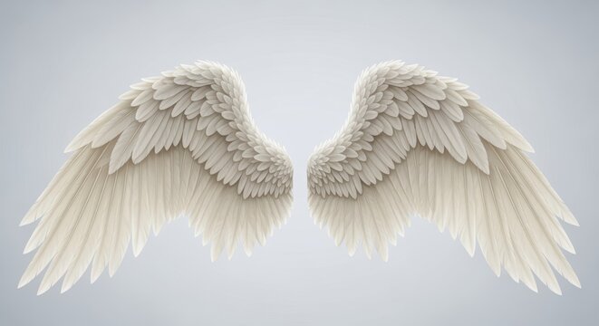 Majestic white wings spread against a light background, symbolizing freedom, spirituality, and the divine. Composed of numerous detailed feathers, the wings create an angelic and ethereal appearance.