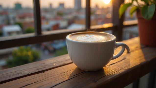 Close-up of a steaming white coffee cup with heart latte art resting on a wooden balcony railing against a blurred cityscape during golden hour sunset
