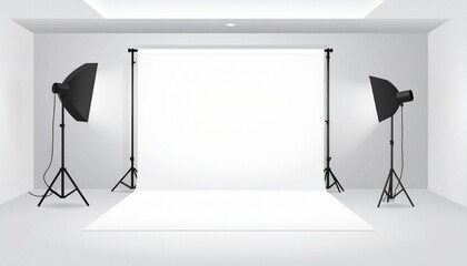 A professional photo studio with a white seamless backdrop, softbox lights, and ceiling pendants.