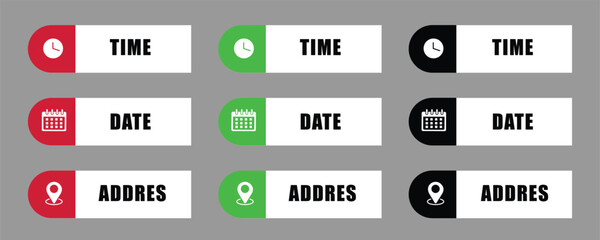 Time, date, address button for ux,ui design vector. Clock, calender, location icon set vector.