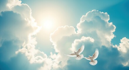 Two white doves soar through the sky, with bright sunlight peeking through fluffy white clouds against a blue backdrop. The serene scene evokes a sense of peace and freedom.