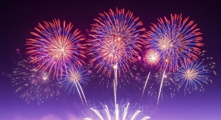 Vibrant fireworks display in red, blue, and white lighting up the night sky. Bursting in various patterns, this celebratory image could represent holidays or special events.