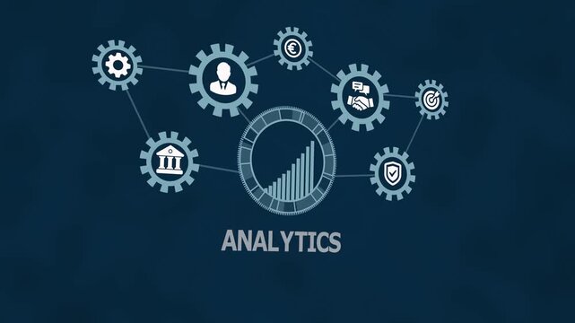 Business analytics and strategic data insight visualization with gear icons, performance metrics dashboard, and predictive analysis technology concept.