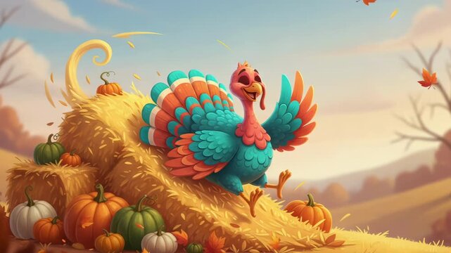 Playful bright teal and coral feather cartoon turkey sliding down a pile of hay and pumpkins with swirling golden maple leaves around