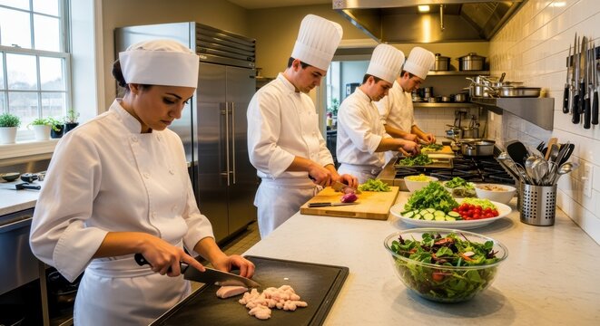 A group of chefs in a modern kitchen, preparing fresh ingredients and dishes. They wear white uniforms and focus on their culinary tasks, surrounded by kitchen equipment and produce.