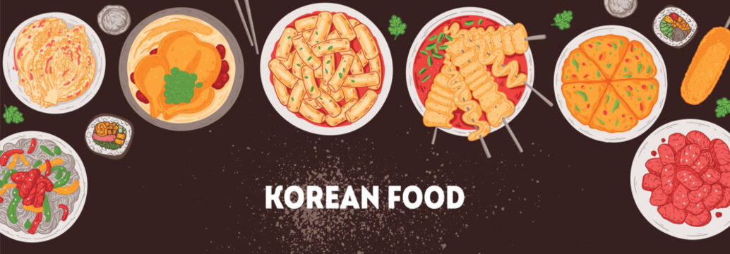 Korean food vector drawing. Top view Korean food dishes vector illustration. Flat style. Japchae, kimchi, samgyetang, tteokbokki, odeng, pajeon, corn dog, bulgogi, kimbap