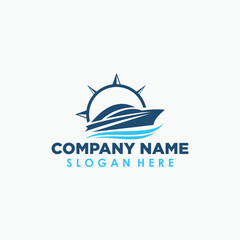 boat and compass logo template, traveling vintage logo design template