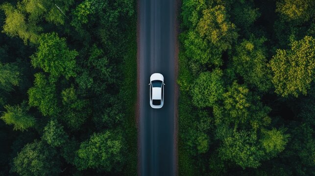 Top down view of a white electric vehicle driving through a lush green forest on a scenic country road