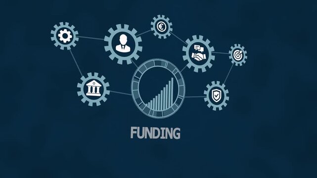 Corporate funding strategy and capital allocation analytics with interconnected gears, finance icons, and investment resource development structure concept.