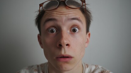 Close-up of a surprised young man with wide eyes and glasses on foreheadâ€”visual representation of charles bonnet syndrome hallucination and isolated visual perception experience.
