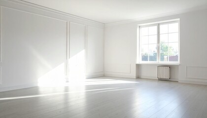A sunlit empty room with white walls, wooden flooring, and a large window casting shadows.