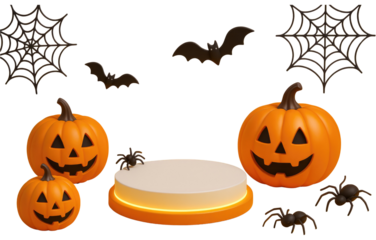 Halloween Scene With Jack O Lanterns Bats Spiders And Spiderwebs On Orange Background pumpkin isolated on a transparent background
