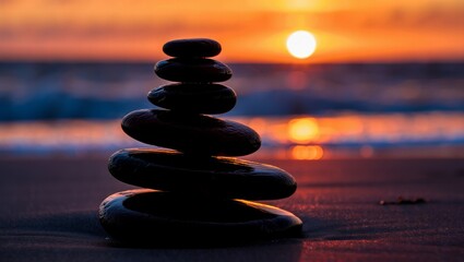 Silhouette close-up of balanced black zen stones stacked on beach sand against a blurred orange sunset ocean background